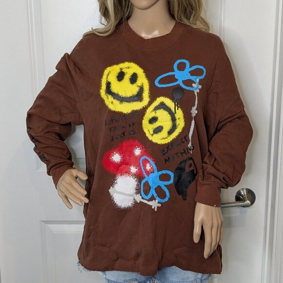 Empyre Tee Shirt Women's XL Brown Long Sleeve Smiley Graphic Mushroom Oversized - Picture 1 of 16